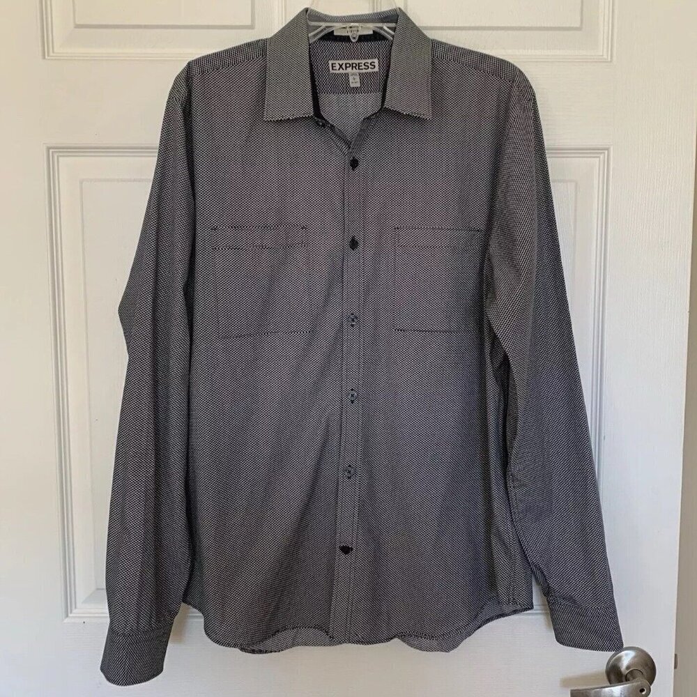 Express Mens Large Black White Fitted Cotton Long Sleeve Button Collared Shirt